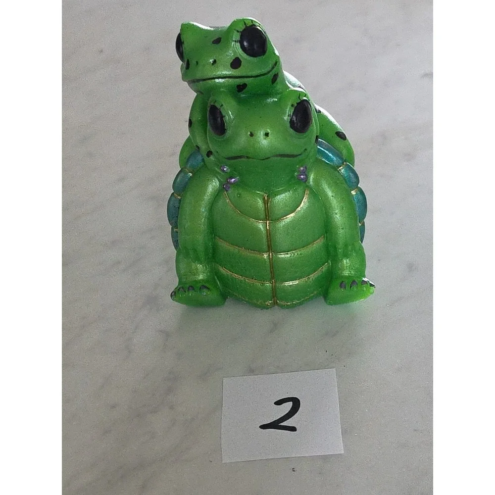Handmade Resin Turtle Frog Figurine Piggyback Green Navy Blue Brown